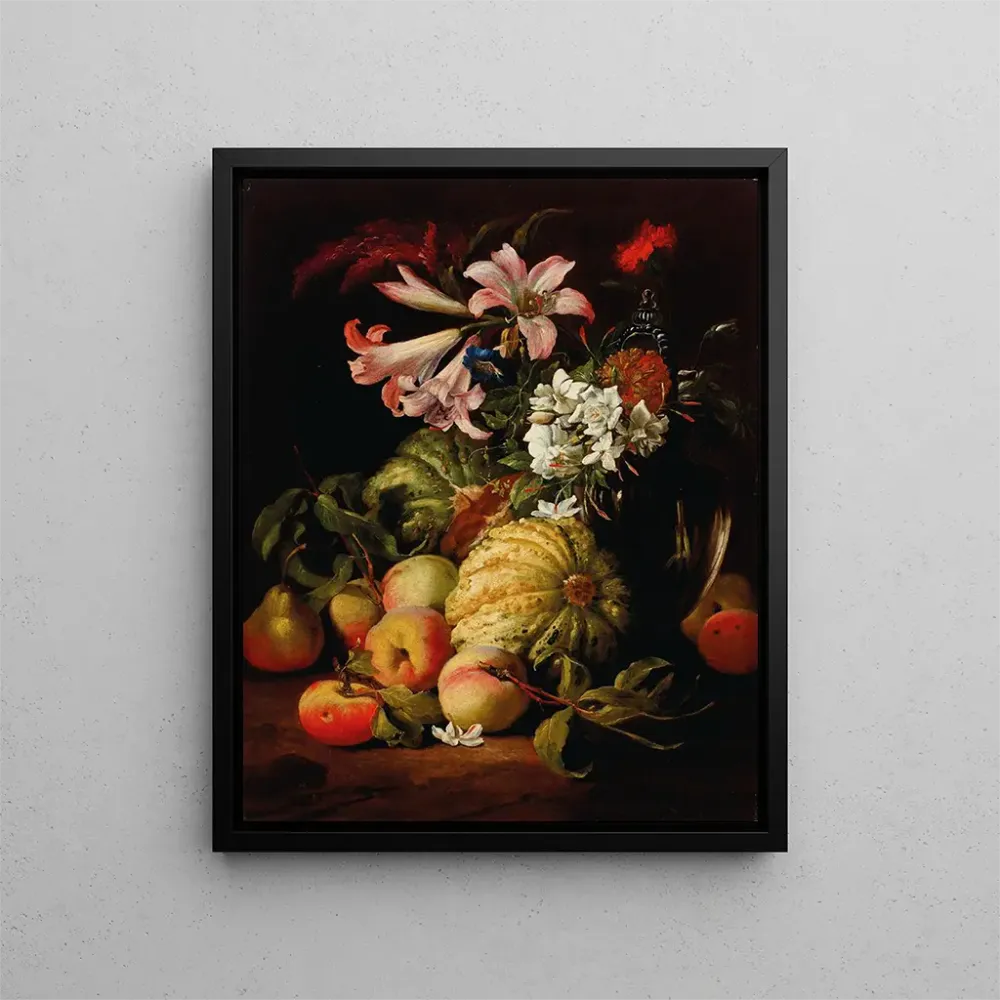 Kunstdruck Lys und andere Blumen einer Vase aus Glas mit Pfirsichen und Melonen - Abraham Brueghel | Kunstdruck