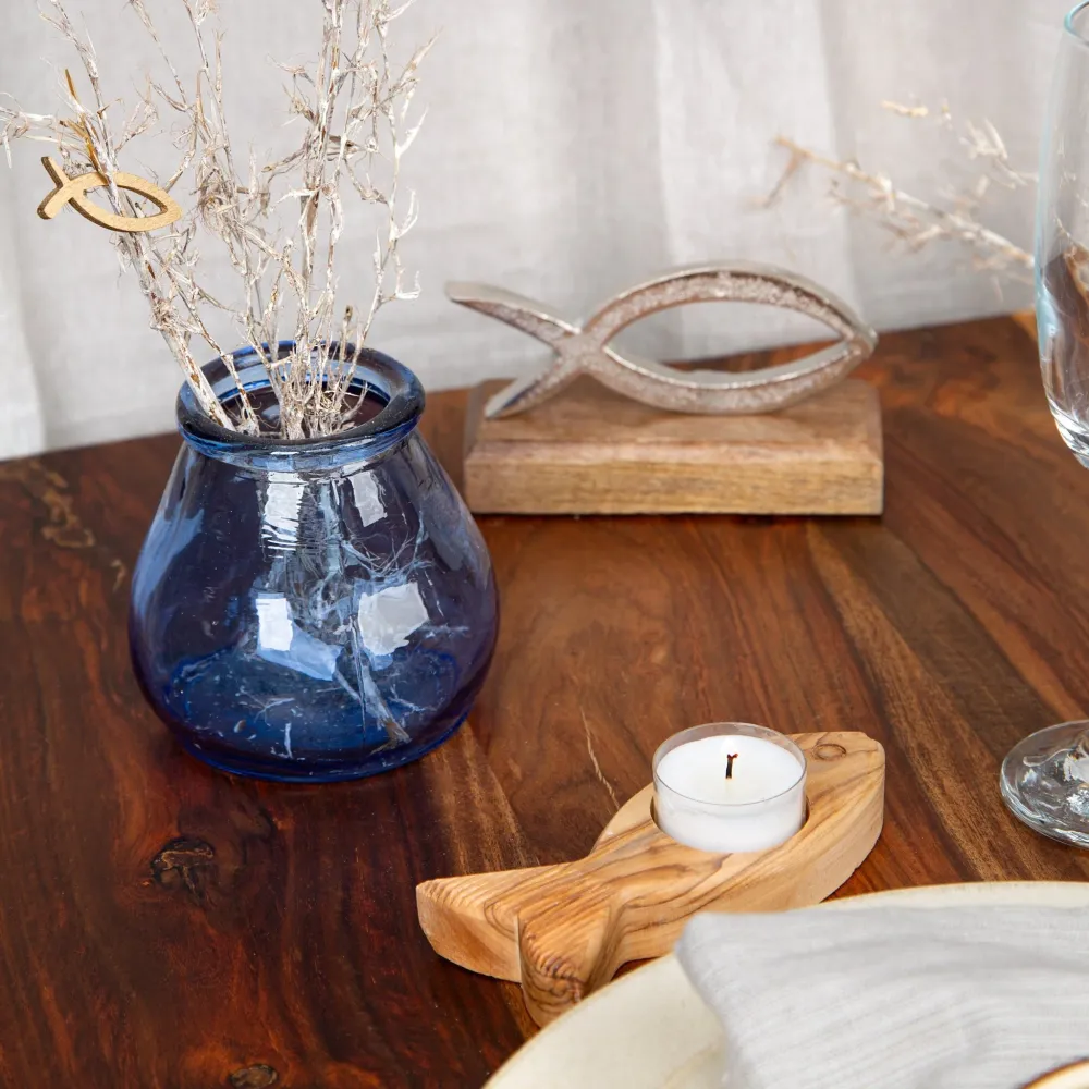 Teelichthalter Vase blau 3er Set Tischdeko Taufe 9 cm