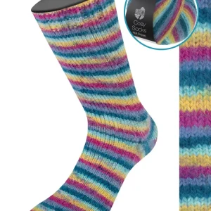 Cosy Socks Multi Stripes 155 Dunkelpetrol/Helltürkis/Gelb/Orchidee/Grauviolett