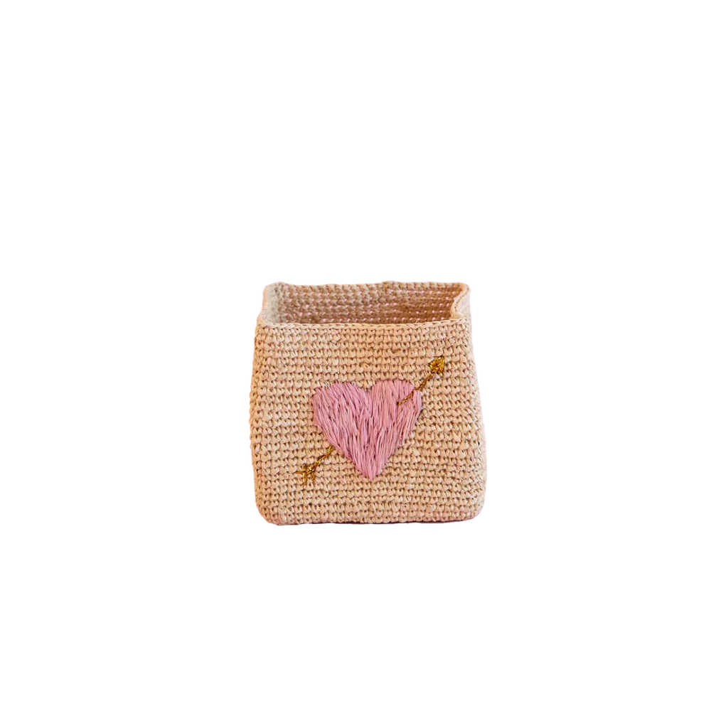 Kleine Quadratisch Raffia Aufbewahrungskorb - Natürlich - Pink Heart Embroidery