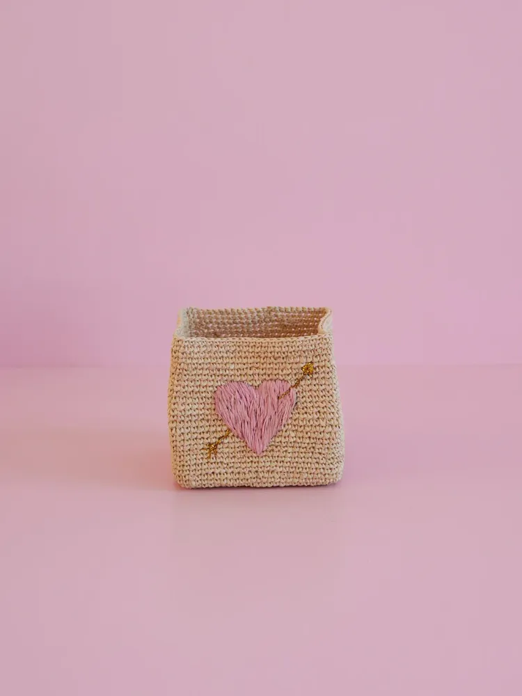 Kleine Quadratisch Raffia Aufbewahrungskorb - Natürlich - Pink Heart Embroidery
