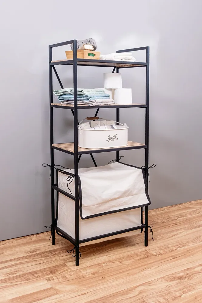 MUDESA Multifunktionales dekoratives Regal aus Metall und Holz mit Wäschekorb 50 L