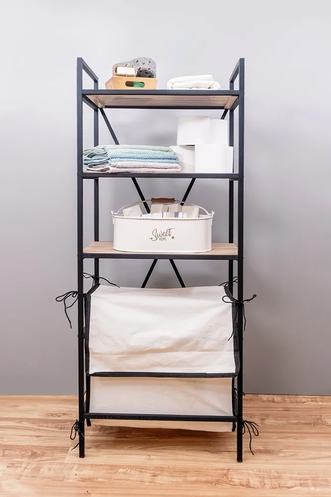 MUDESA Multifunktionales dekoratives Regal aus Metall und Holz mit Wäschekorb 50 L