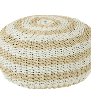 Pouf Round Stripes Woven Plastic White/Natural