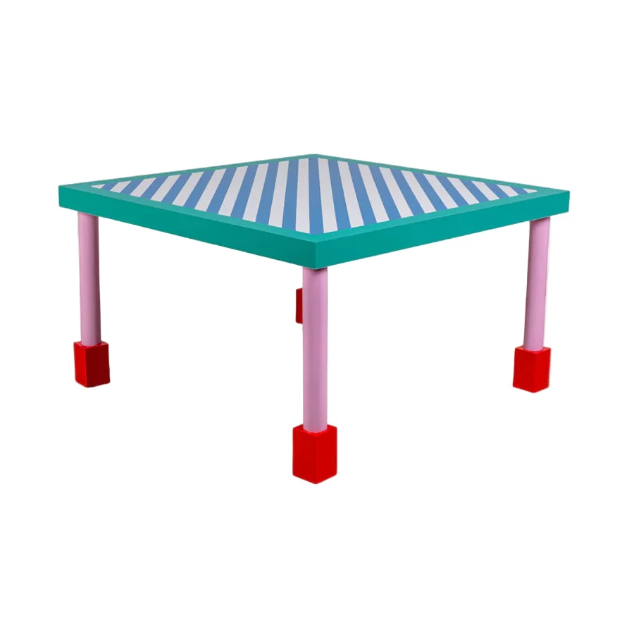 Quadratischer Tisch SUPERSQUARE BLUE STRIPES blau mit rosa Fuß
