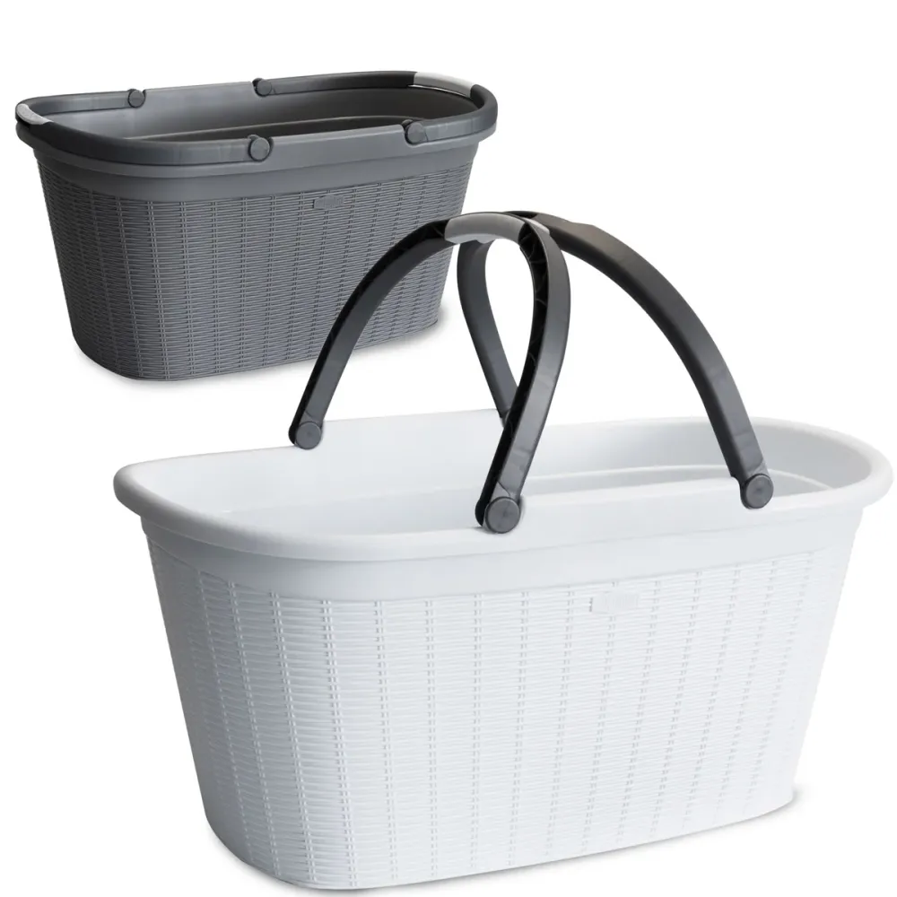 2x Wäschekorb 35 Liter weiß und grau mit 2 Henkeln - 57.5x37x29 cm Rattan-Design ohne Löcher - Haushaltskorb Wäschewanne T...