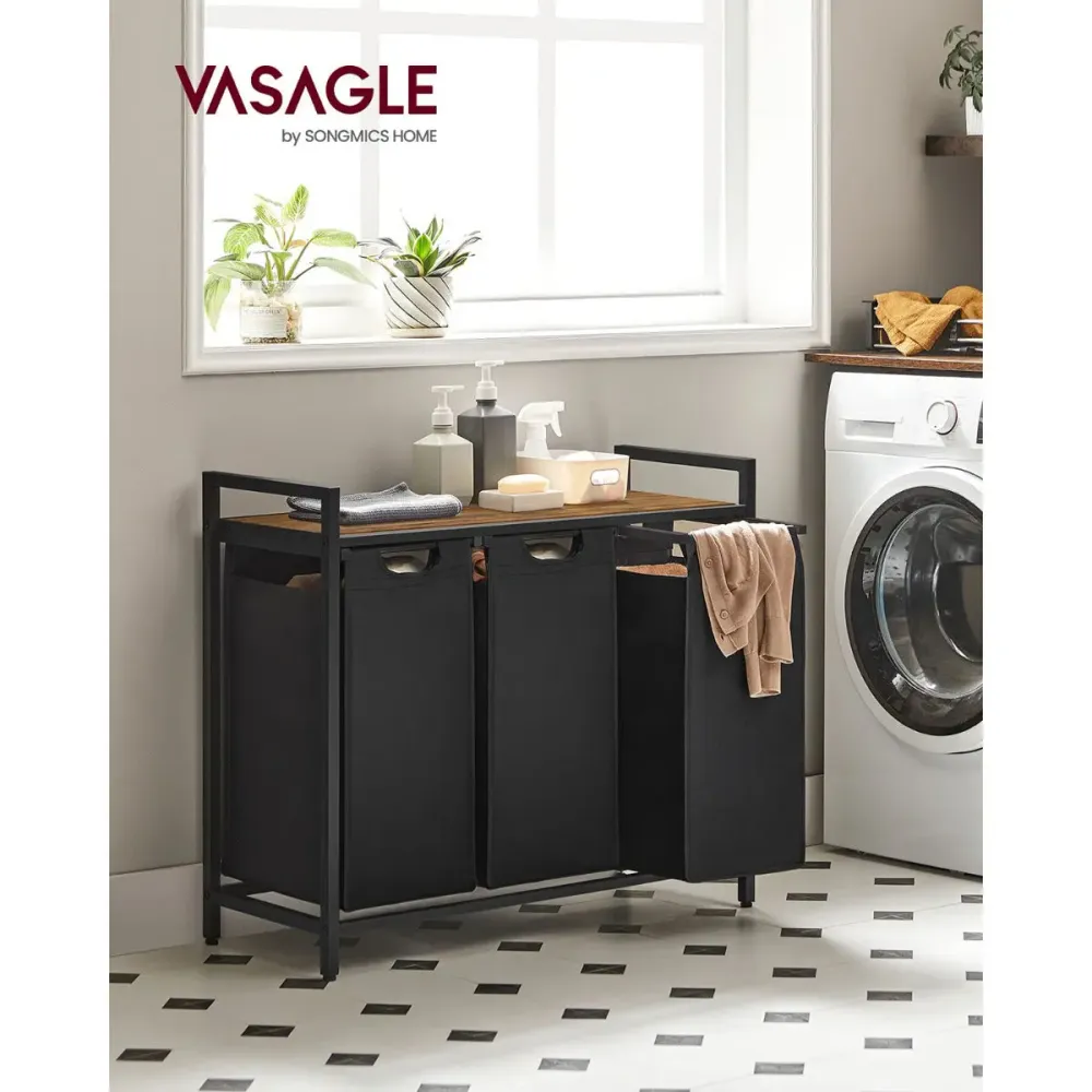 Wäschekorb mit 3 Fächern und Ablage, tintenschwarz-vintagebraun