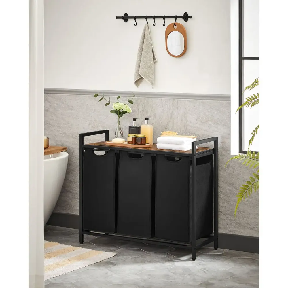 Wäschekorb mit 3 Fächern und Ablage, tintenschwarz-vintagebraun