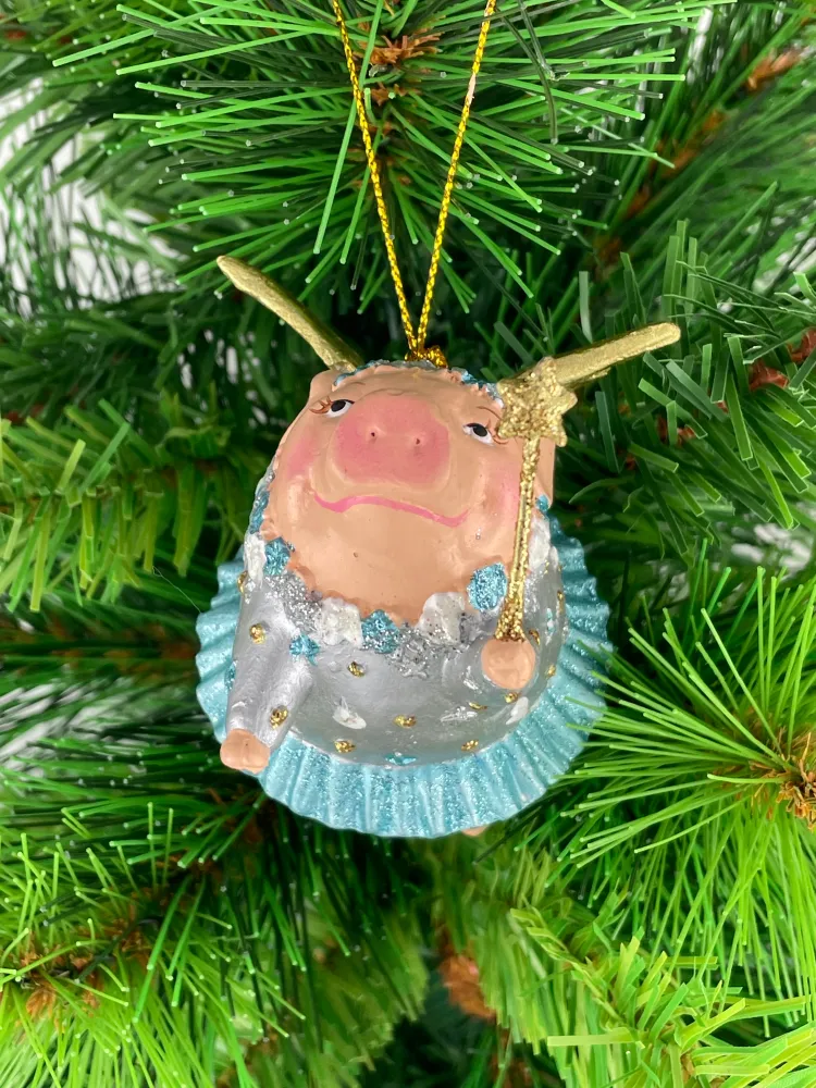 Christbaumschmuck Figur "Schwein mit Flügeln und Stern" Hänger Weihnachten hellblau silber 10cm