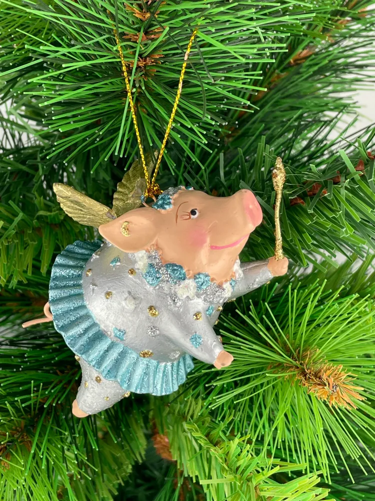 Christbaumschmuck Figur "Schwein mit Flügeln und Stern" Hänger Weihnachten hellblau silber 10cm
