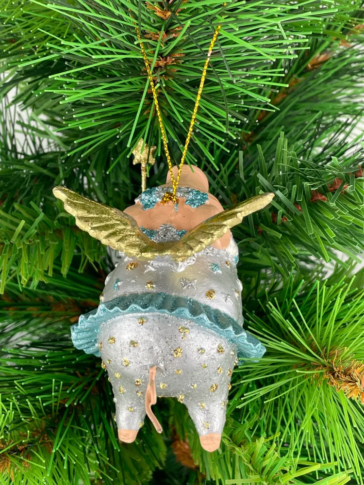Christbaumschmuck Figur "Schwein mit Flügeln und Stern" Hänger Weihnachten hellblau silber 10cm