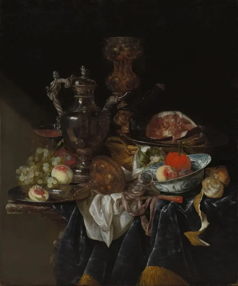 Gemälde Weinglas aus Silber, Schinken und Früchte - Abraham van Beyeren | Kunstdruck