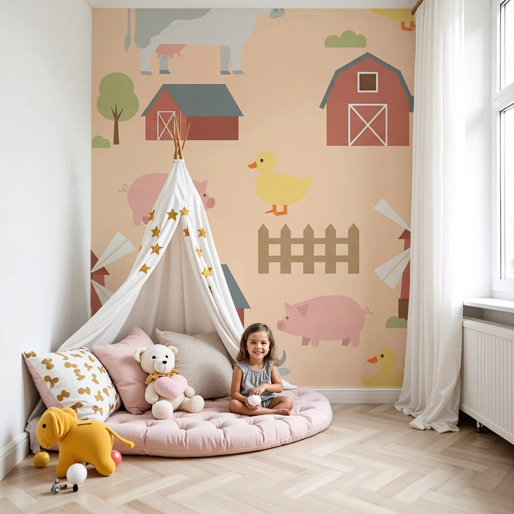 Babyzimmer Tapete | Bunte Bauernhoftiere mit Scheune und Windmühle