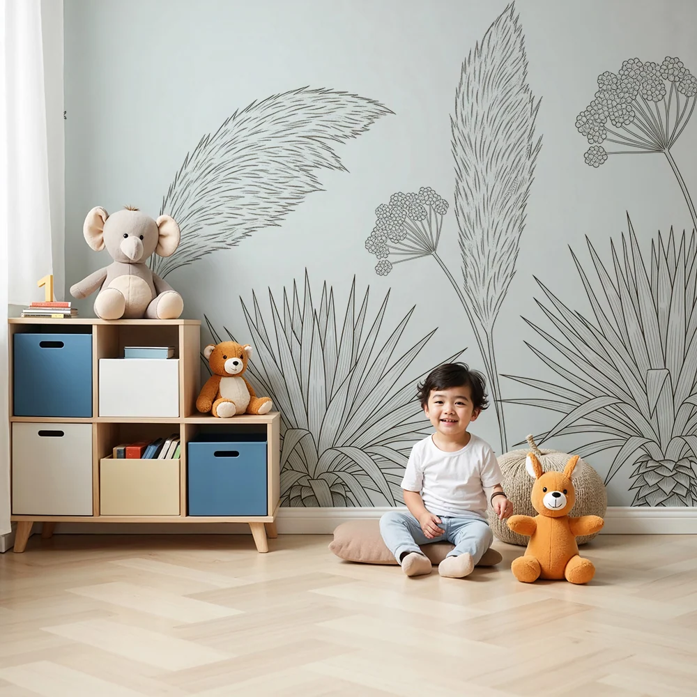 Babyzimmer Tapete | Exotische Pflanzen zarten Linien