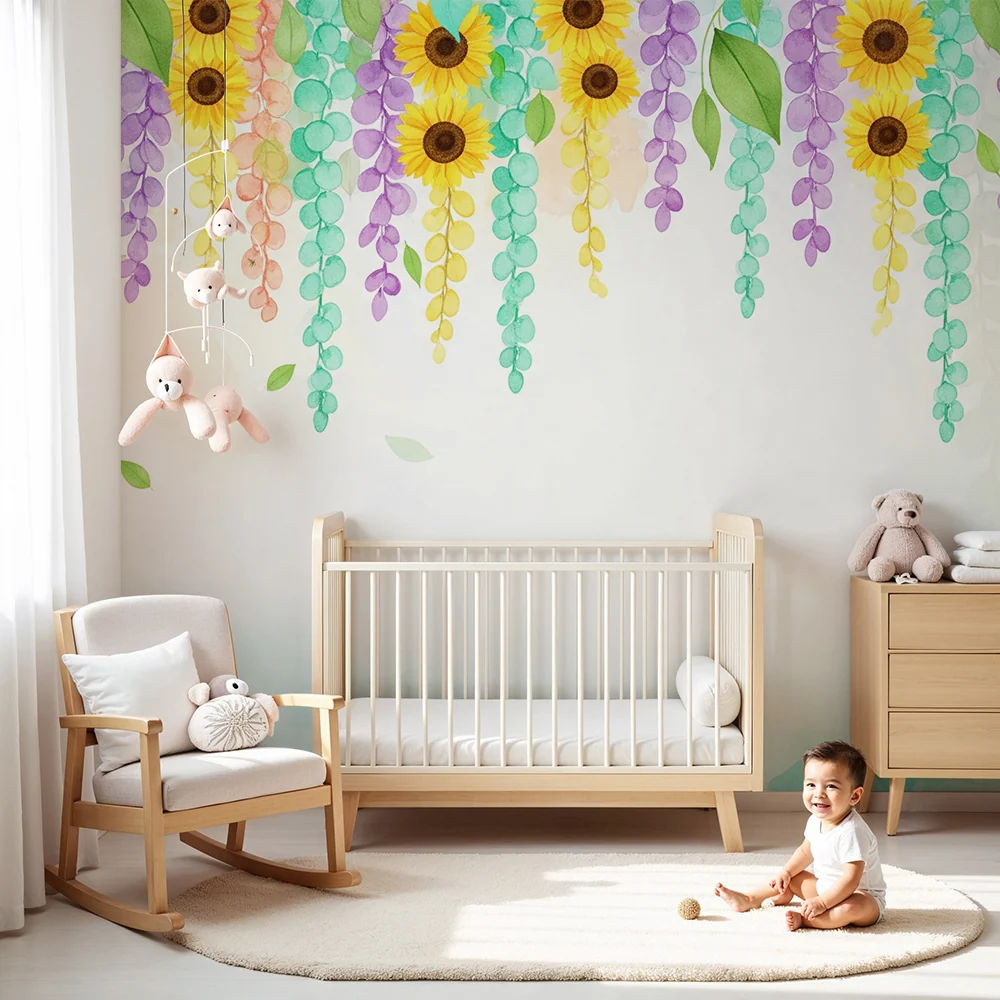 Babyzimmer Tapete | Hängende Blumen und Sonnenblumen