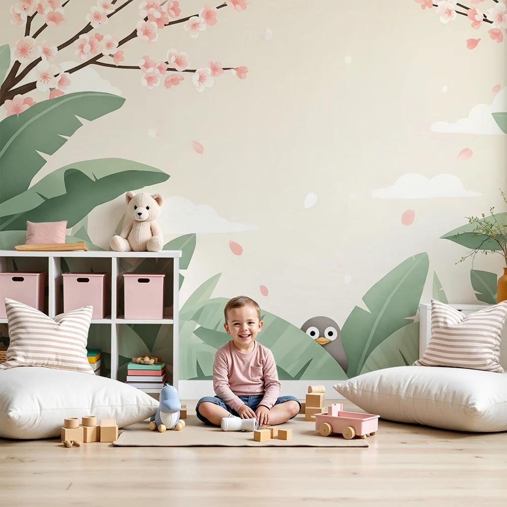 Babyzimmer Tapete | Neugieriger Vogel einem blühenden Garten