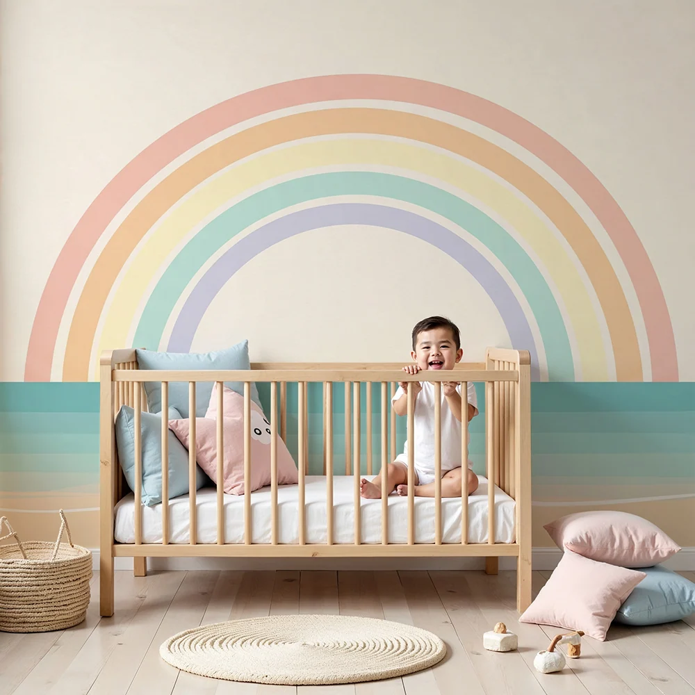 Babyzimmer Tapete | Pastellregenbogen auf beruhigendem Meereshintergrund