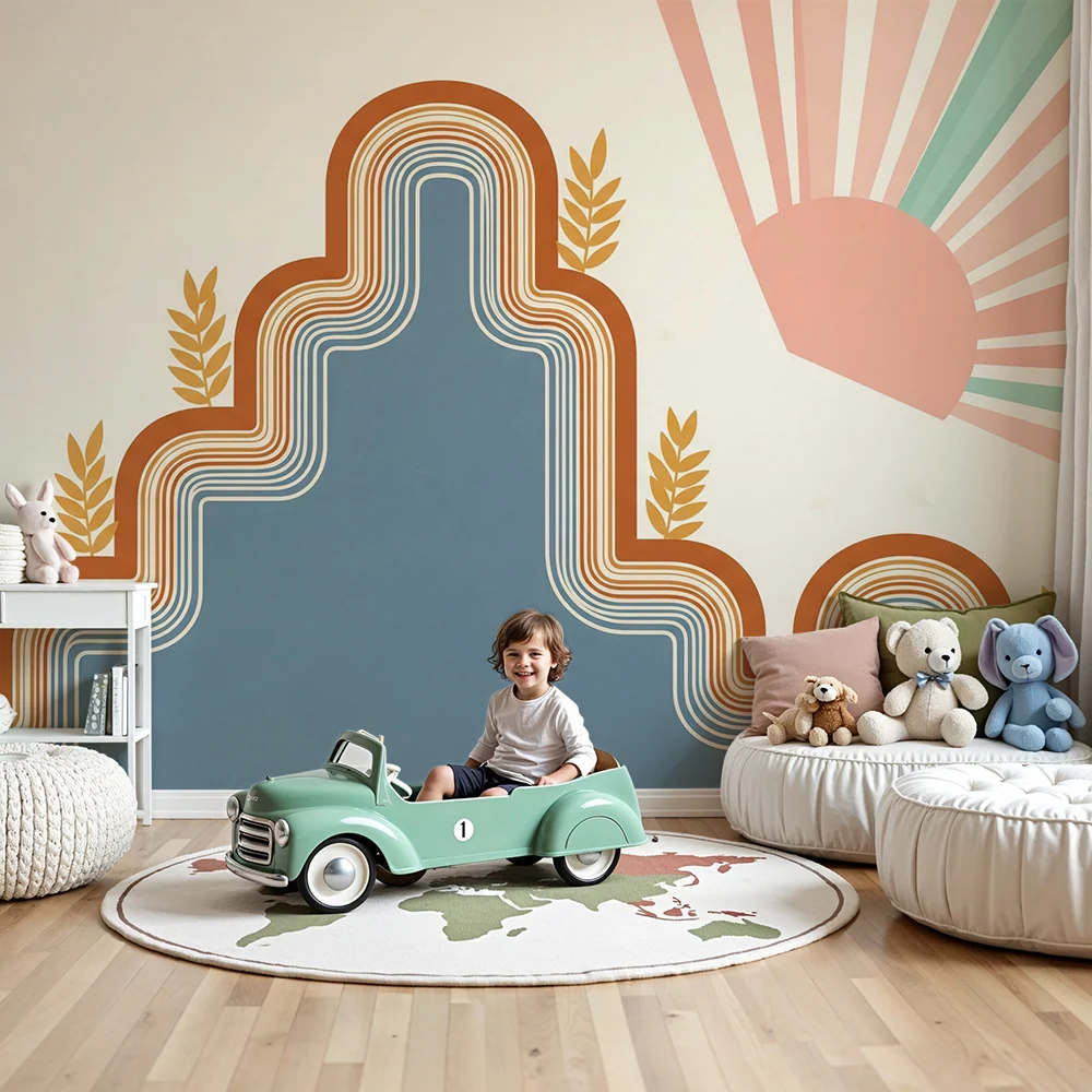 Babyzimmer Tapete | Sanfte geometrische Muster mit Sonnenstrahlen und Blattwerk