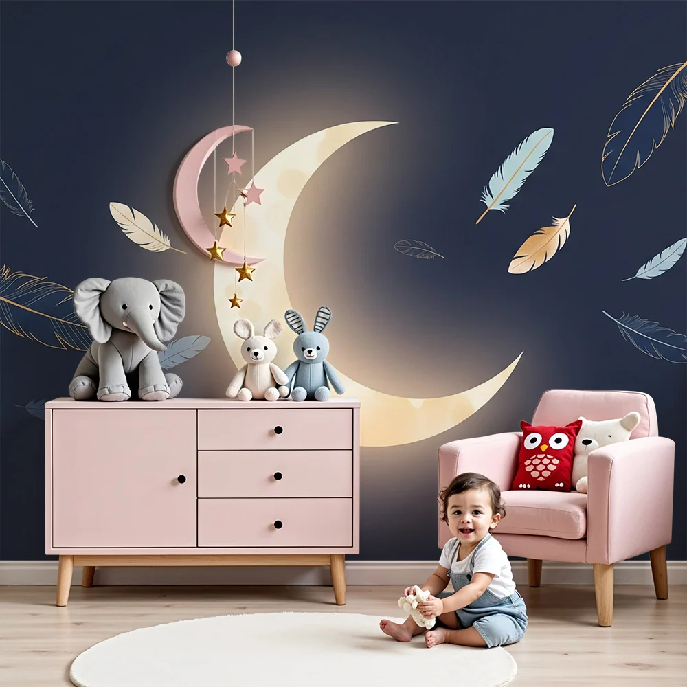 Babyzimmer Tapete | Sanfter Mond und schwebende Federn einem Sternenhimmel