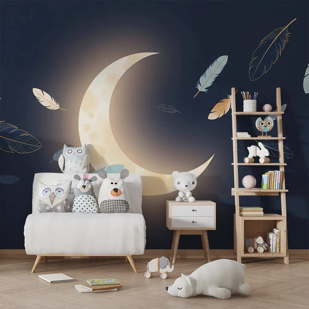 Babyzimmer Tapete | Sanfter Mond und schwebende Federn einem Sternenhimmel