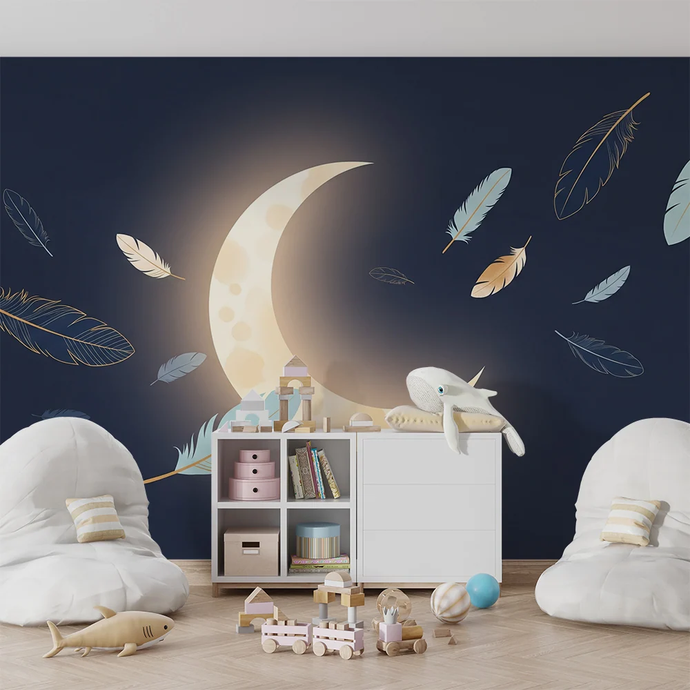 Babyzimmer Tapete | Sanfter Mond und schwebende Federn einem Sternenhimmel
