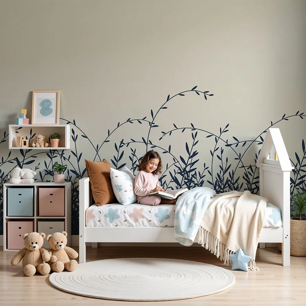 Babyzimmer Tapete | Sanftheit von Kräutern und minimalistischem Laubwerk