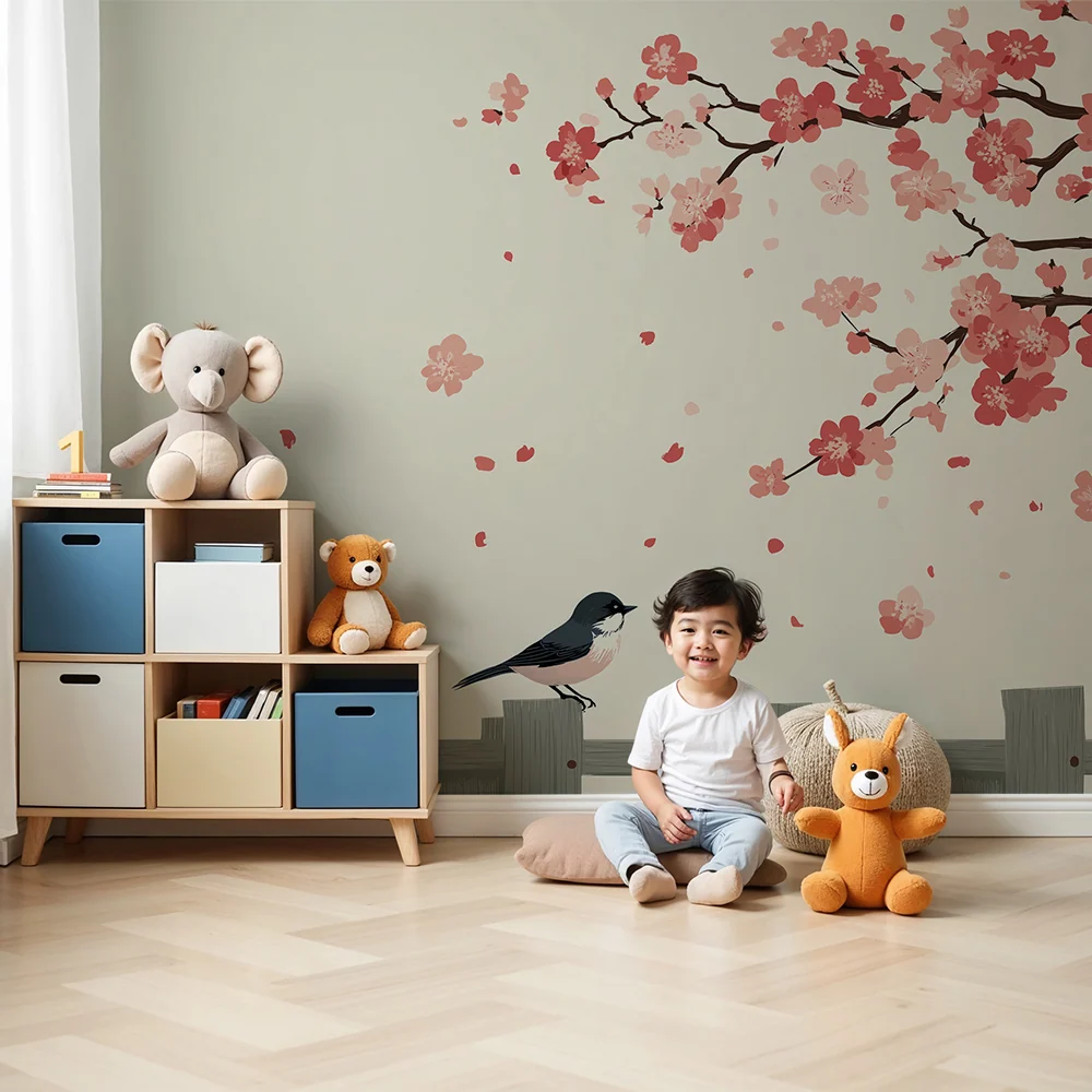 Babyzimmer Tapete | Vögel und Kirschblüten auf sanftem Hintergrund