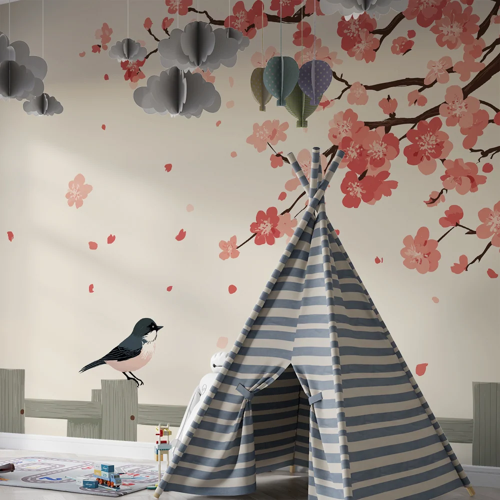 Babyzimmer Tapete | Vögel und Kirschblüten auf sanftem Hintergrund