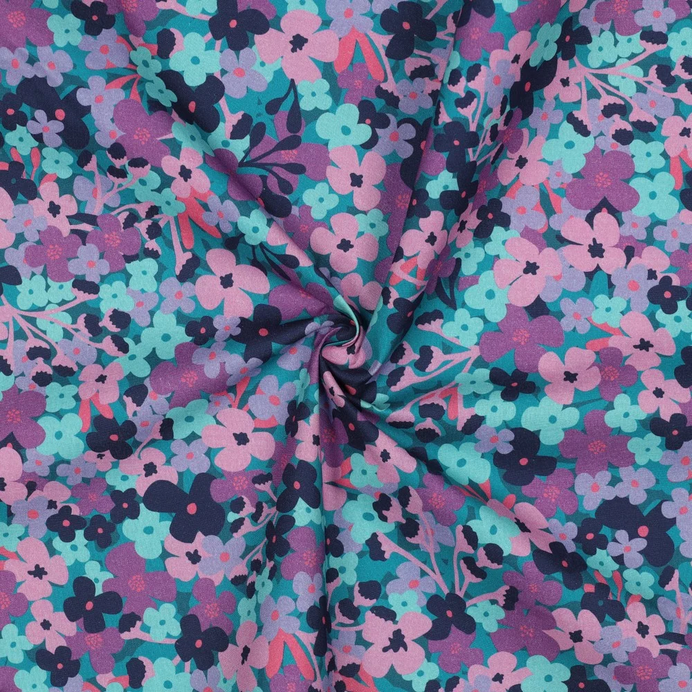 Beschichtete Baumwolle Flowers petrol lila
