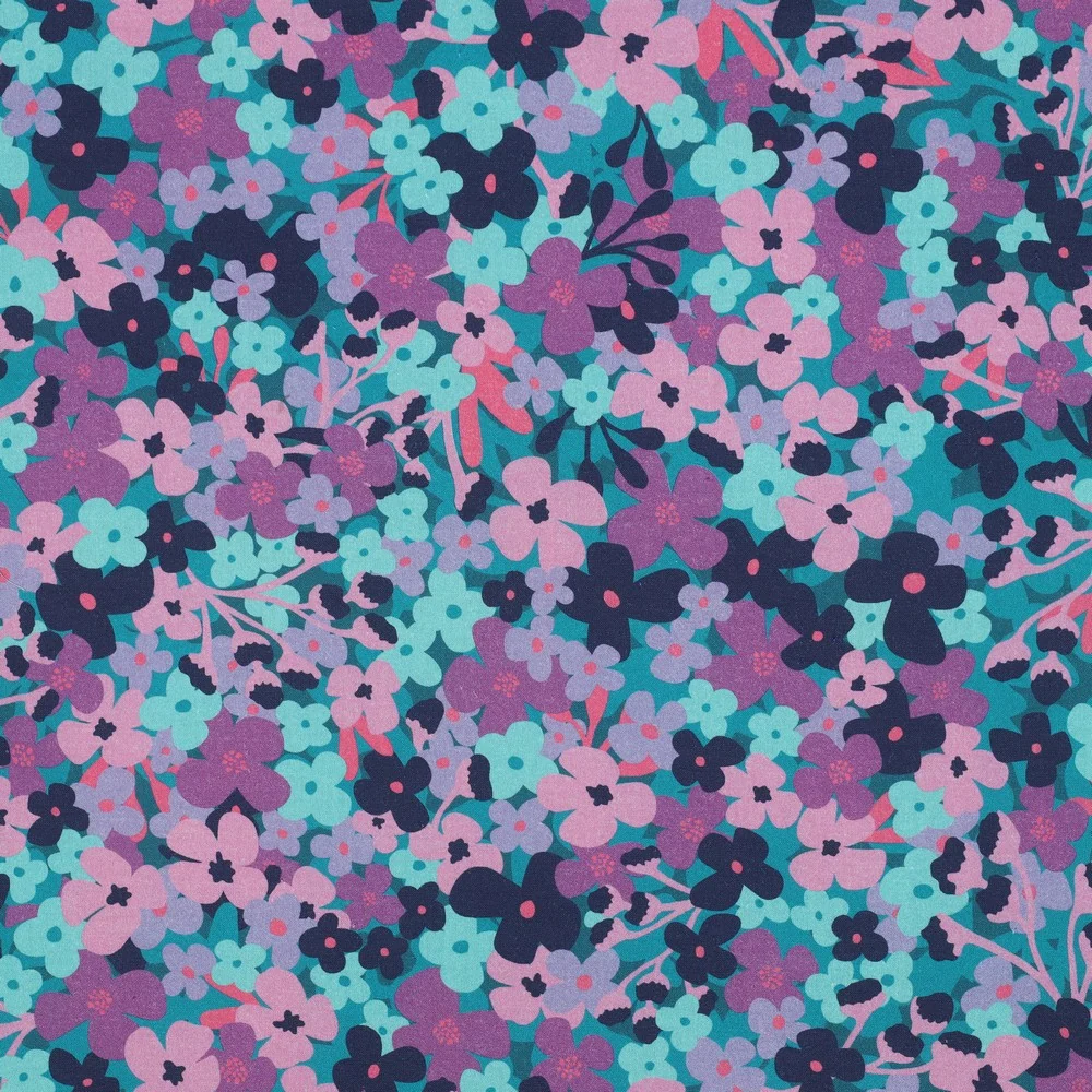 Beschichtete Baumwolle Flowers petrol lila