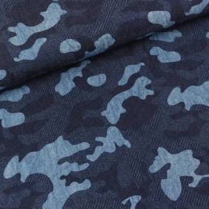 Leichter Jeansstoff Chambray Camouflage auf dunklem Jeansblau Stonewashed