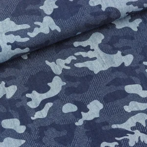 Leichter Jeansstoff Chambray Camouflage auf Jeansblau Stonewashed