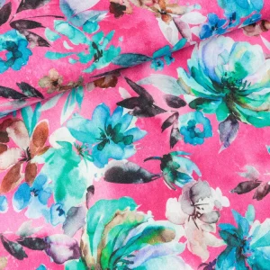 Reiner Leinenstoff Flowers pink-aqua Digitalprint