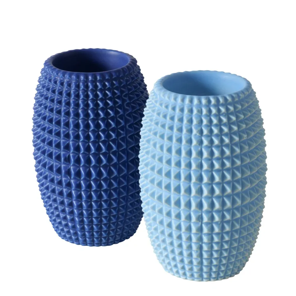 2er Set Teelichthalter "Charleston" – Steingut mit Reliefmuster Blau