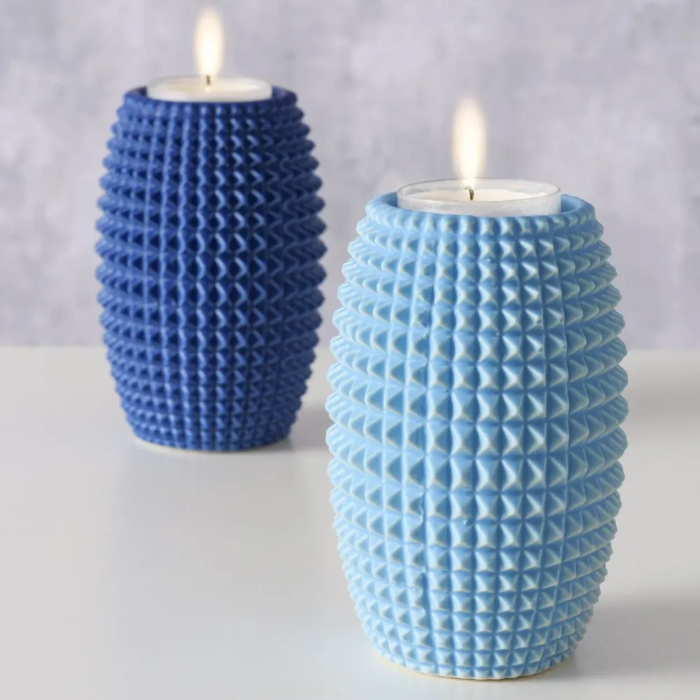 2er Set Teelichthalter "Charleston" – Steingut mit Reliefmuster Blau