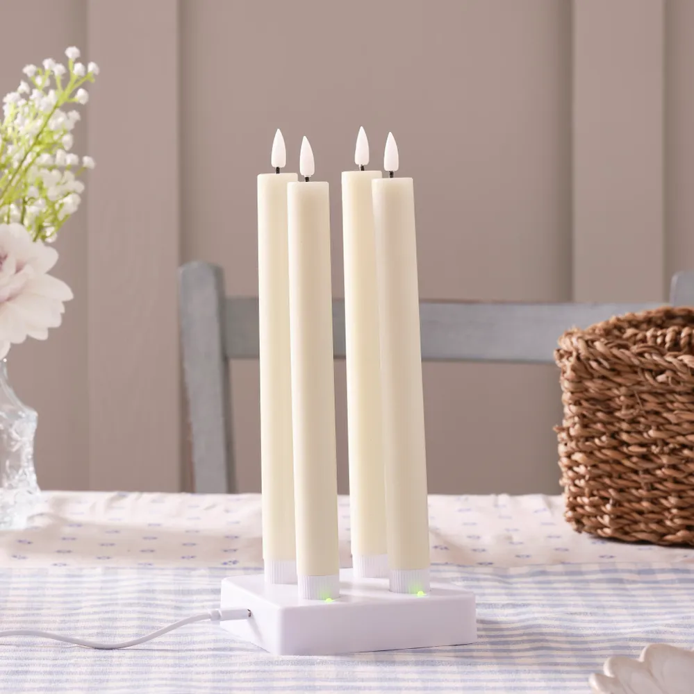 4er Set TruGlow® LED Stabkerzen Echtwachs elfenbeinfarben wiederaufladbar mit Fernbedienung
