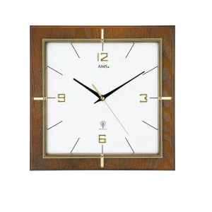 AMS Funk Wanduhr Nussbaum Quadrat gold 5834