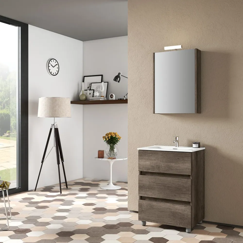 Badezimmerkombination mit Waschbecken und beleuchtetem Spiegelschrank Modell KoraXL03 60 cm Dunkle Eiche
