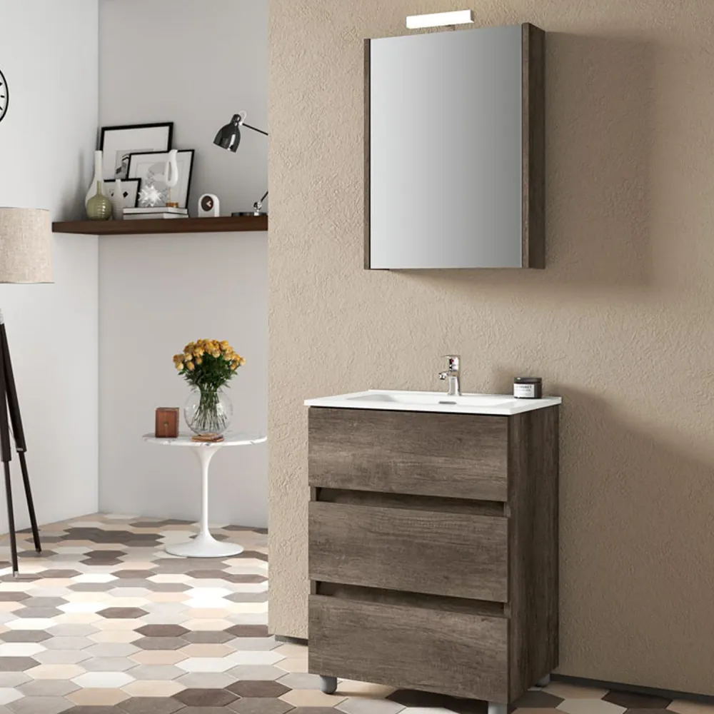 Badezimmerkombination mit Waschbecken und beleuchtetem Spiegelschrank Modell KoraXL03 60 cm Dunkle Eiche