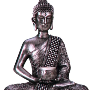 Buddha Teelichthalter Silber – Meditative Dekofigur mit Glitzerverzierung