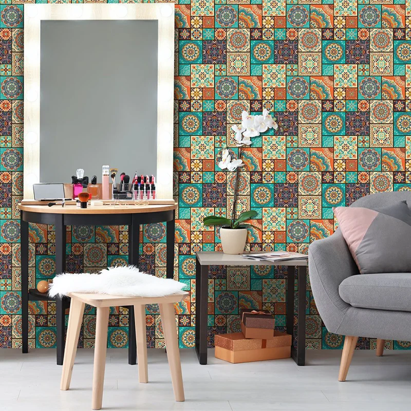 Abziehbare PVC-Tapeten mit böhmischem Mandala-Muster, Wanddekoration Orange und Grün Clearhalo