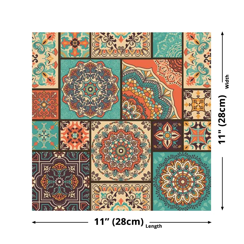 Abziehbare PVC-Tapeten mit böhmischem Mandala-Muster, Wanddekoration Orange und Grün Clearhalo
