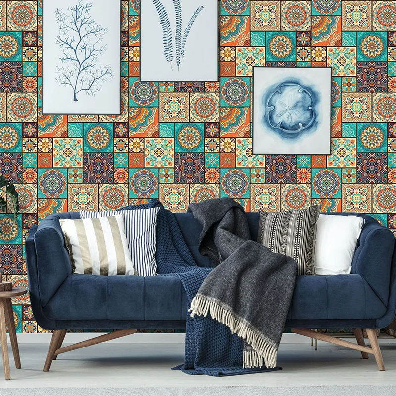 Abziehbare PVC-Tapeten mit böhmischem Mandala-Muster, Wanddekoration Orange und Grün Clearhalo