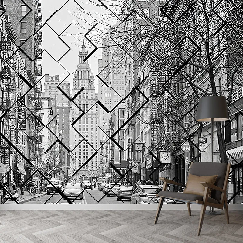 Antikes Tapetenwandbild Originalgröße, graue Puzzle- und Straßenansicht-Wanddekoration, maßgeschneidert Clearhalo