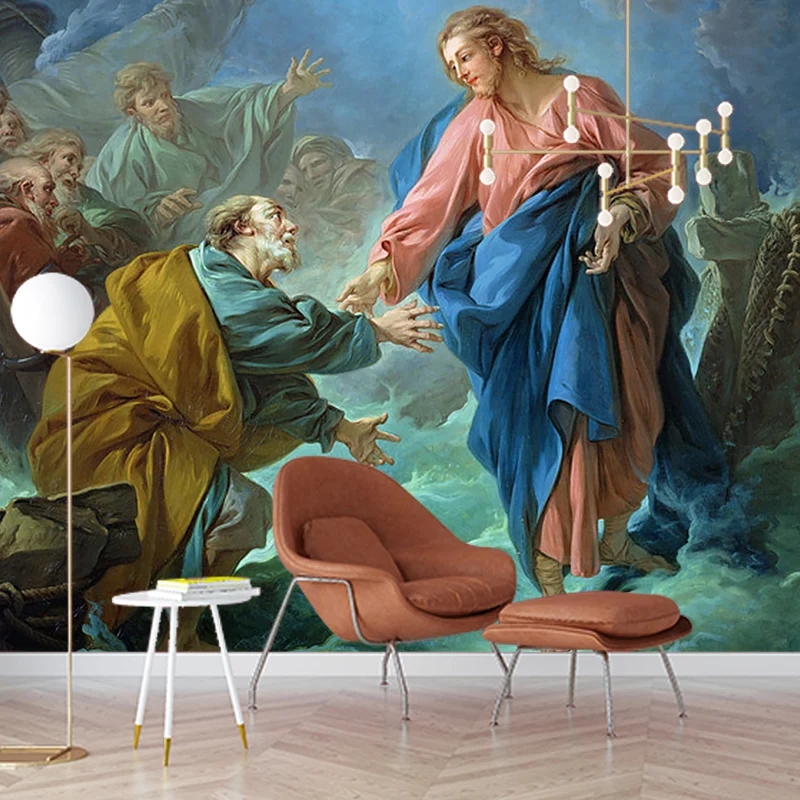Antikes Wandgemälde „Pray Mercy“ Rosa-Blau-Grün, religiöse Wandverkleidung für den Flur Clearhalo