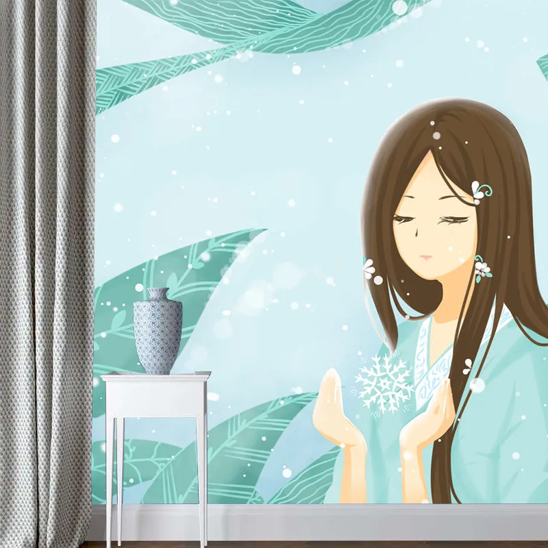 Aqua Leaf and Girl Mural Wallpaper Waterproofing Childrens Art Bedroom Wall Decor Clearhalo