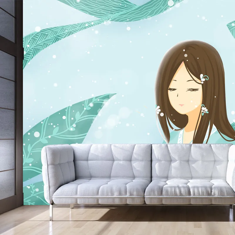 Aqua Leaf and Girl Mural Wallpaper Waterproofing Childrens Art Bedroom Wall Decor Clearhalo