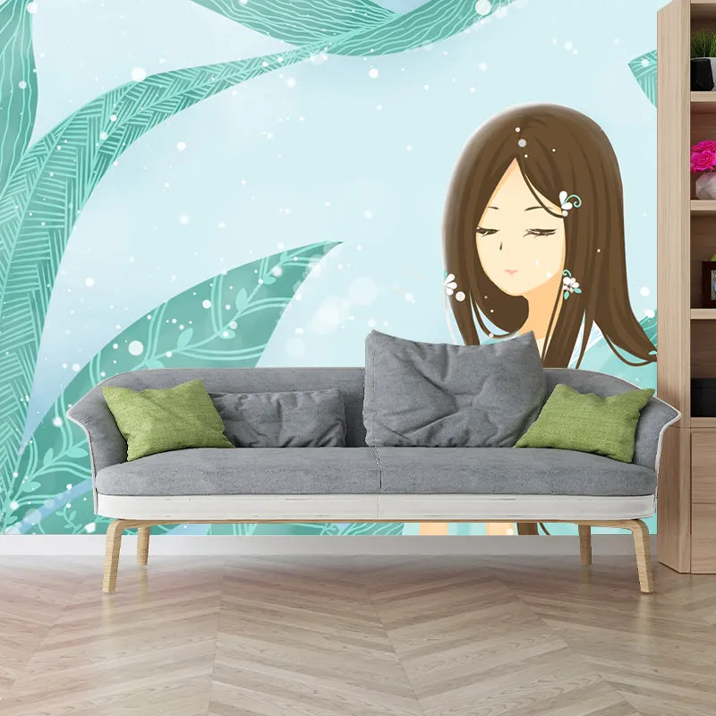 Aqua Leaf and Girl Mural Wallpaper Waterproofing Childrens Art Bedroom Wall Decor Clearhalo