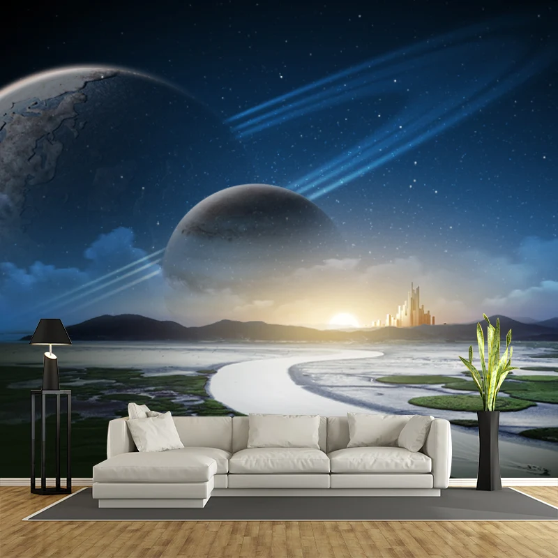 Aqua Sunrise River Scenery Wandbild Orbital Planet Sci-Fi Feuchtigkeitsbeständige Wanddekoration Clearhalo