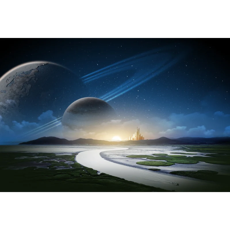 Aqua Sunrise River Scenery Wandbild Orbital Planet Sci-Fi Feuchtigkeitsbeständige Wanddekoration Clearhalo